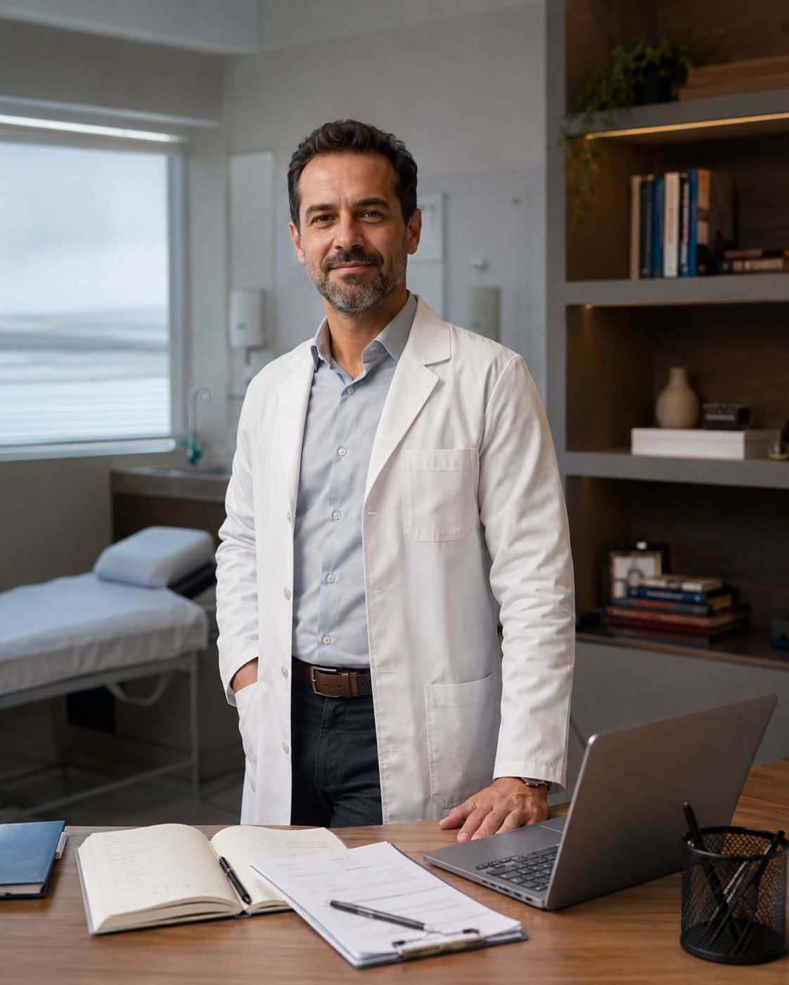 Médico de jaleco no próprio consultório, com prontuários e notebook sobre a mesa